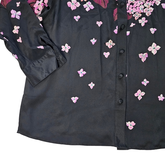 Bob Mackie Wearable Art Floral Beaded Blouse Pink and Black Women's Size Large - Picture 7 of 15
